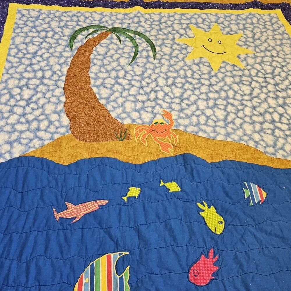 90s Beach Themed Tropical Kids Quilt Ocean Fish Appliques Full Size Under‎ Sea